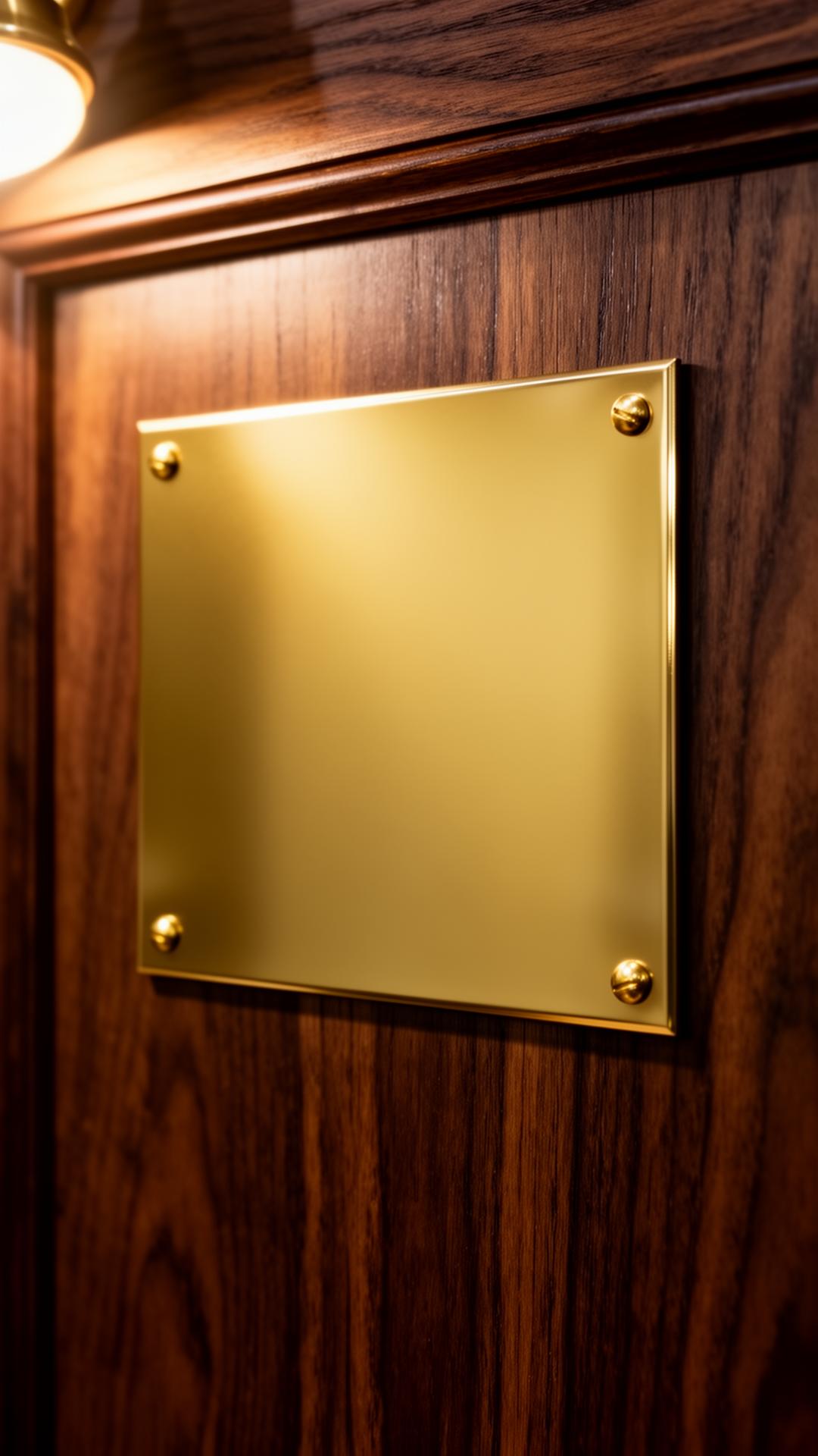 Engraved brass plaque on dark walnut